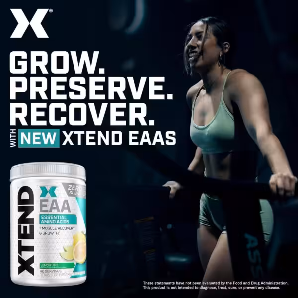 Grow. Preserve. Recover. with new XTEND EAAS. A woman exercises next to a tub of Lemon Lime XTEND EAA