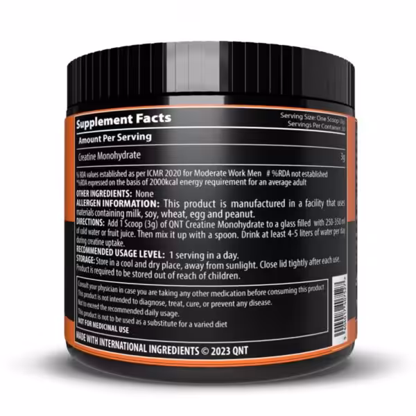 Supplement facts for QNT Creatine Monohydrate: 3g per serving, 30 servings per container. Includes usage and allergen info
