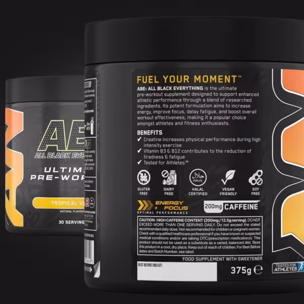 ABE All Black Everything Ultimate Pre-Workout, Tropical Vibe. 200mg caffeine, creatine, vitamins. Gluten, dairy, soy free