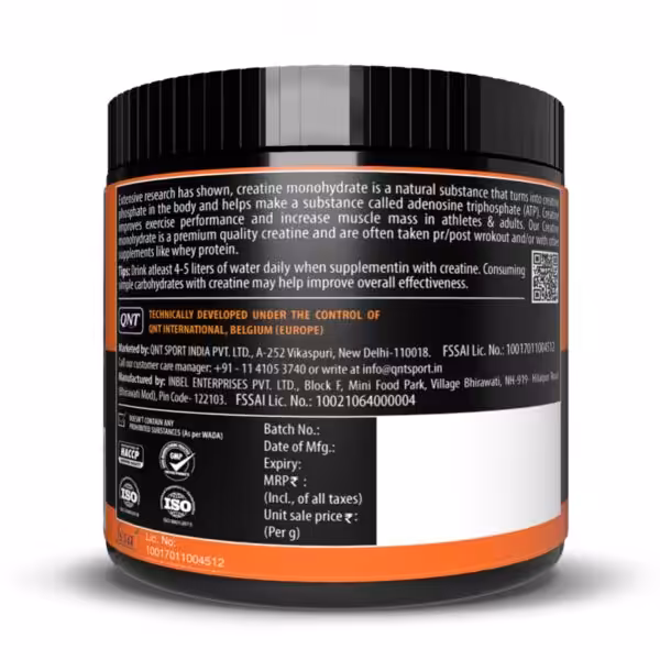 Back label of QNT Creatine Monohydrate showing benefits, usage tips, manufacturing details, and certifications