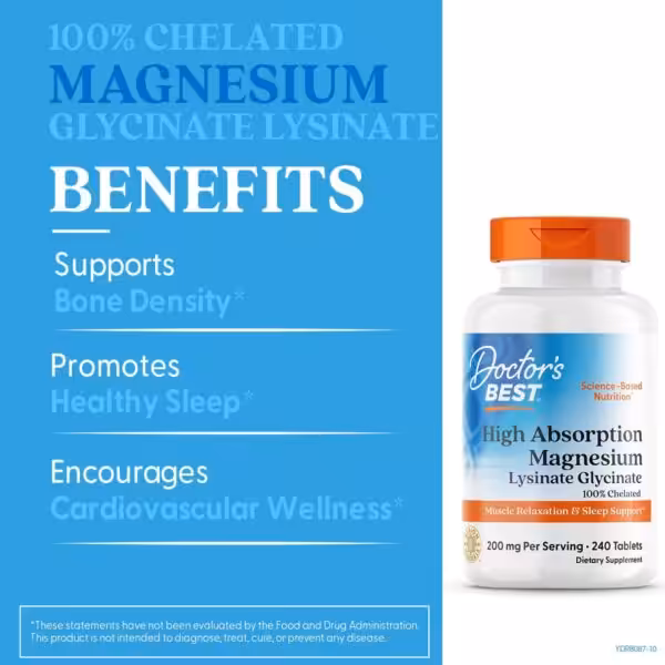 Doctor's Best Magnesium benefits: supports bone density, promotes healthy sleep, and encourages cardiovascular wellness
