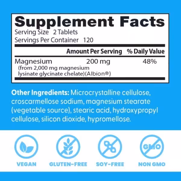 Supplement Facts: 200mg Magnesium per 2-tablet serving. 120 servings. Vegan, Gluten-Free, Soy-Free, Non GMO