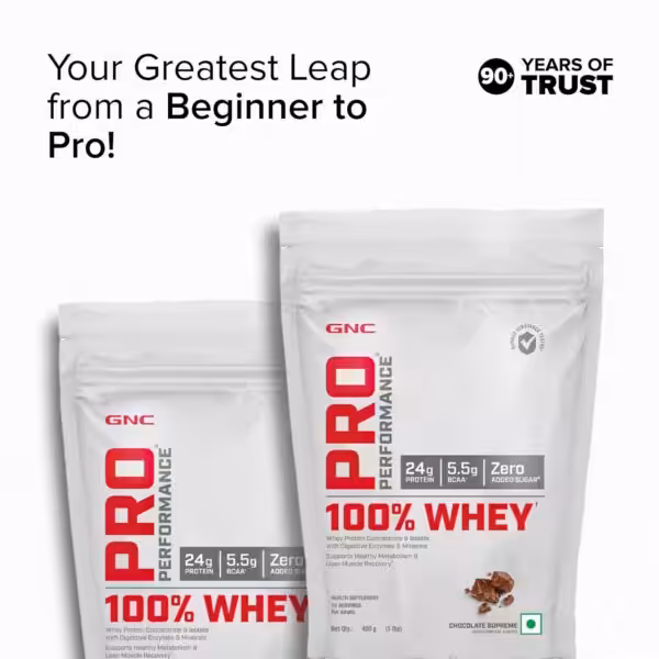 GNC Pro Performance 100% Whey protein powder with 24g protein, 5.5g BCAA, and zero added sugar. 90+ years of trust