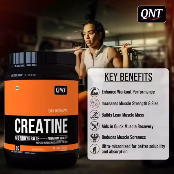 QNT Creatine Monohydrate benefits: enhances performance, increases strength and size, builds lean muscle, aids recovery, and reduces soreness