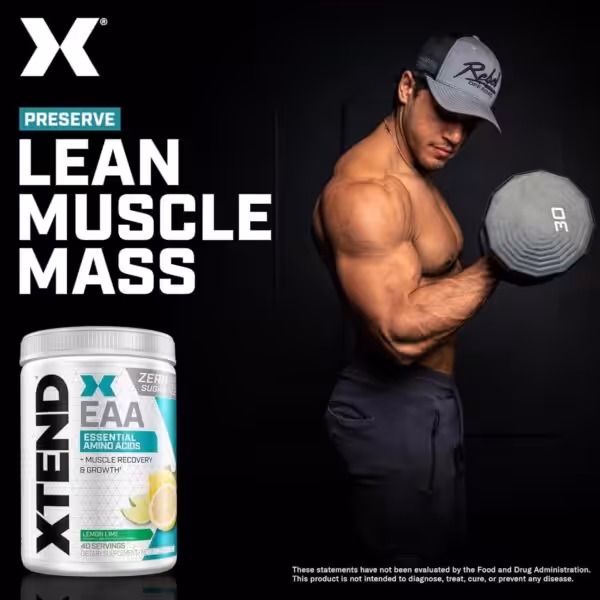 A muscular man lifting a dumbbell next to XTEND EAA Essential Amino Acids. Text: Preserve Lean Muscle Mass. Lemon Lime