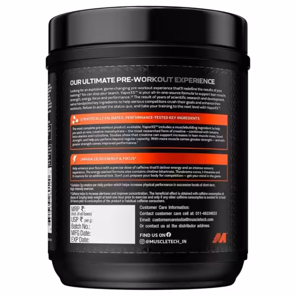 Back label of VaporX5 pre-workout detailing ingredients, benefits for energy and focus, and customer care info