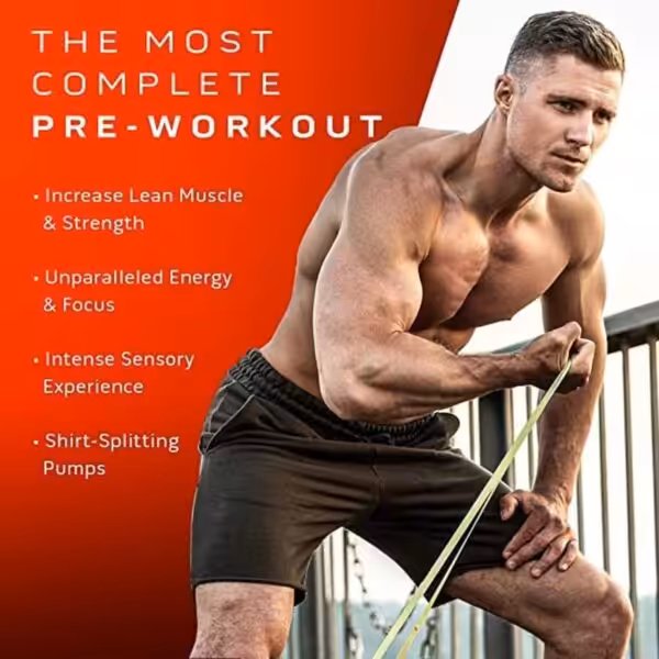 Muscular man using a resistance band. Text: The Most Complete Pre-Workout. Increase lean muscle, energy, focus, and pumps