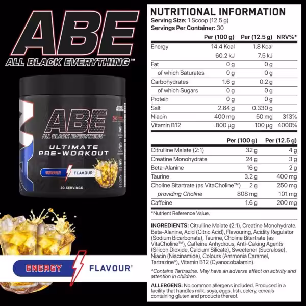 Nutritional facts for ABE Ultimate Pre-Workout, including 200mg caffeine, 4g citrulline malate, and 3g creatine