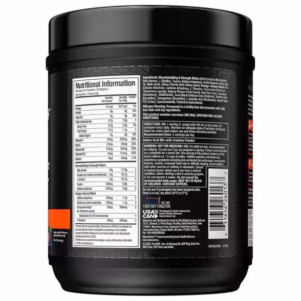 Nutritional information, ingredients, and directions for a Musclebuilding & Strength Matrix supplement