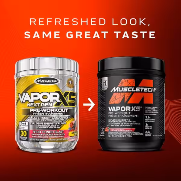 Refreshed look, same great taste. MuscleTech VaporX5 pre-workout packaging update from silver to black