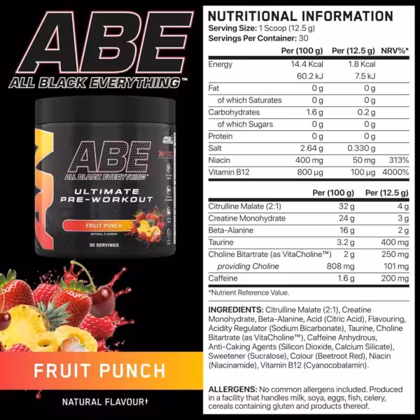 Nutritional facts and ingredients for ABE Ultimate Pre-Workout Fruit Punch, including caffeine, creatine, and vitamins