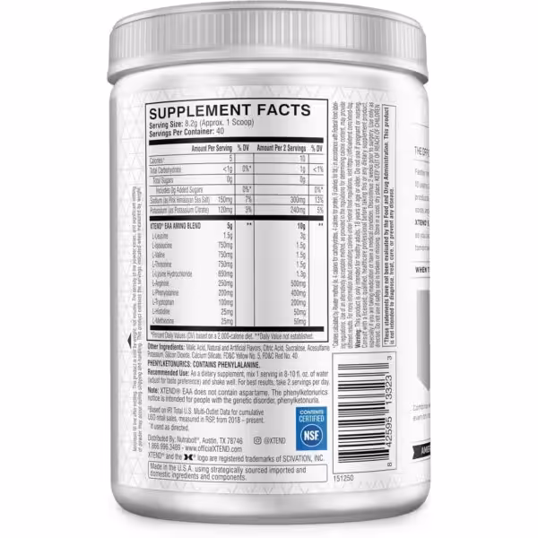 Supplement Facts label for XTEND EAA listing nutritional values, ingredients, and a 5g amino acid blend