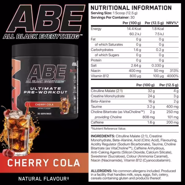 Nutritional label for ABE Ultimate Pre-Workout Cherry Cola with nutritional facts, ingredients, and allergen information