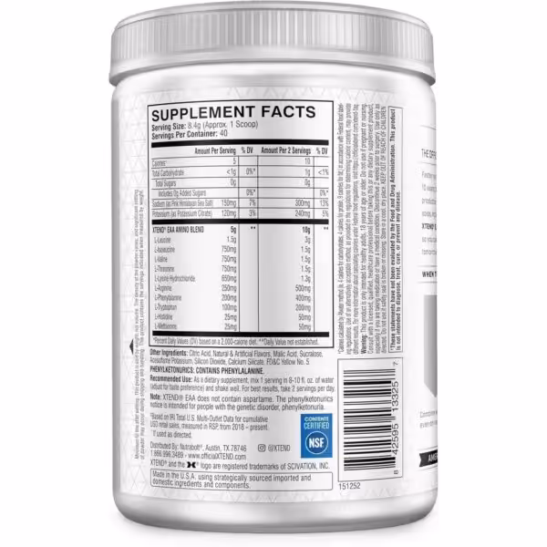 Supplement Facts label for XTEND EAA Amino Blend listing nutritional values, amino acid profile, and ingredients