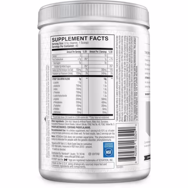 Supplement Facts label for XTEND EAA showing nutritional info, ingredients, and a 5g amino acid blend per serving