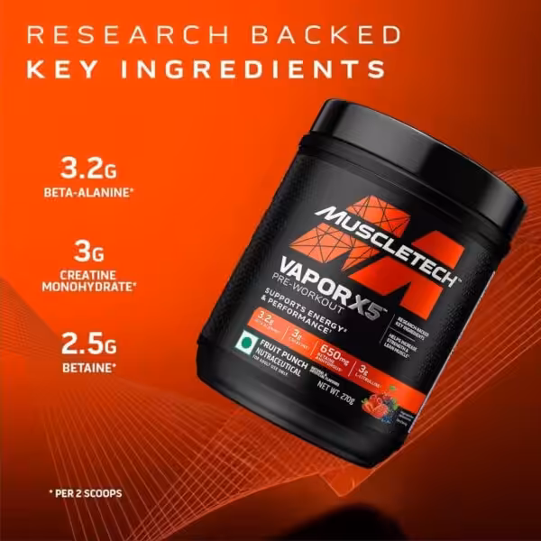 MuscleTech VaporX5 Pre-Workout: 3.2g Beta-Alanine, 3g Creatine Monohydrate, and 2.5g Betaine per 2 scoops