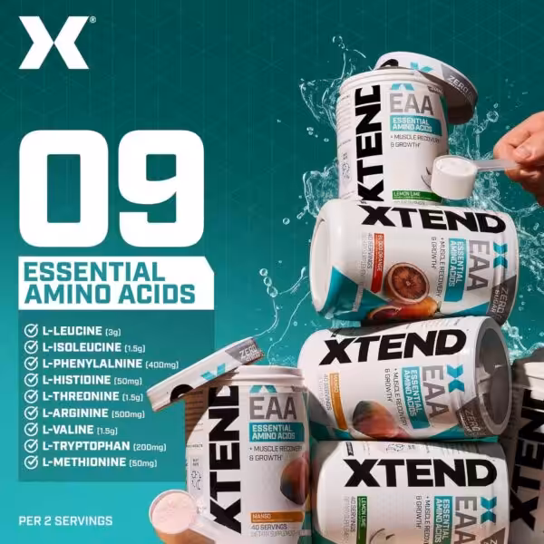 XTEND EAA supplement listing 9 essential amino acids per 2 servings: 3g Leucine, 1.5g Isoleucine, 1.5g Valine, 1.5g Threonine, 500mg Arginine, 400mg Phenylalanine, 200mg Tryptophan, 50mg Histidine, and 50mg Methionine