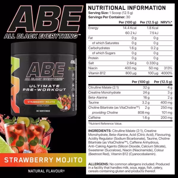 ABE Ultimate Pre-Workout Strawberry Mojito nutritional information table, ingredients list, and allergen warnings