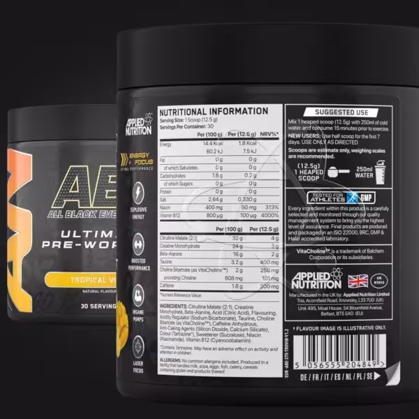 Nutritional information and ingredients label for ABE Ultimate Pre-Workout Tropical Vibe