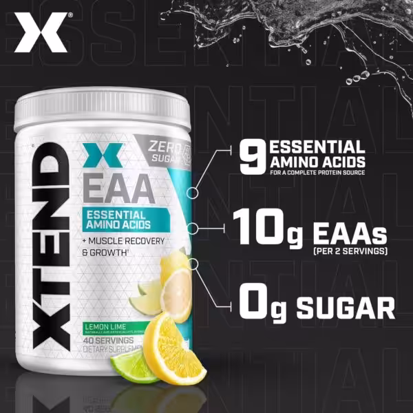 XTEND EAA Lemon Lime supplement with 9 essential amino acids, 10g EAAs per 2 servings, and 0g sugar