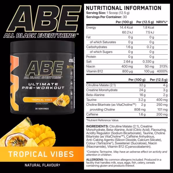 ABE Ultimate Pre-Workout Tropical Vibes nutritional facts and ingredients list. 200mg caffeine per serving
