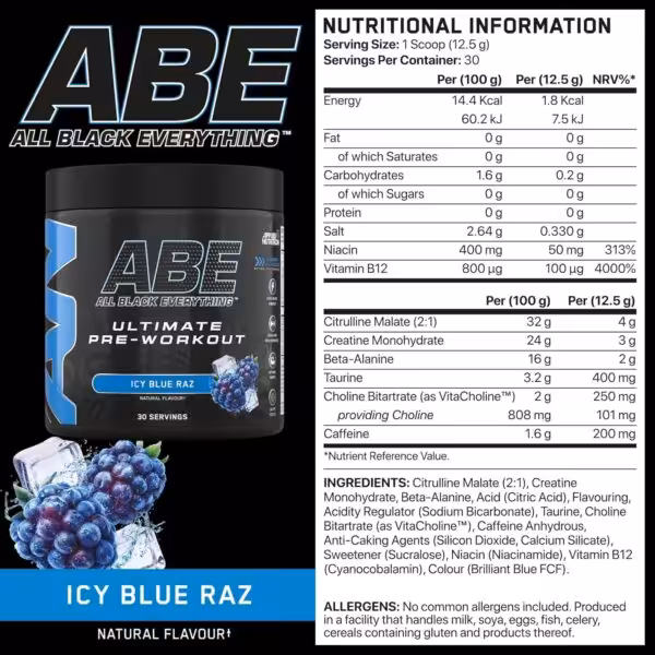 ABE Ultimate Pre-Workout Icy Blue Raz nutritional information, ingredients, and allergen details