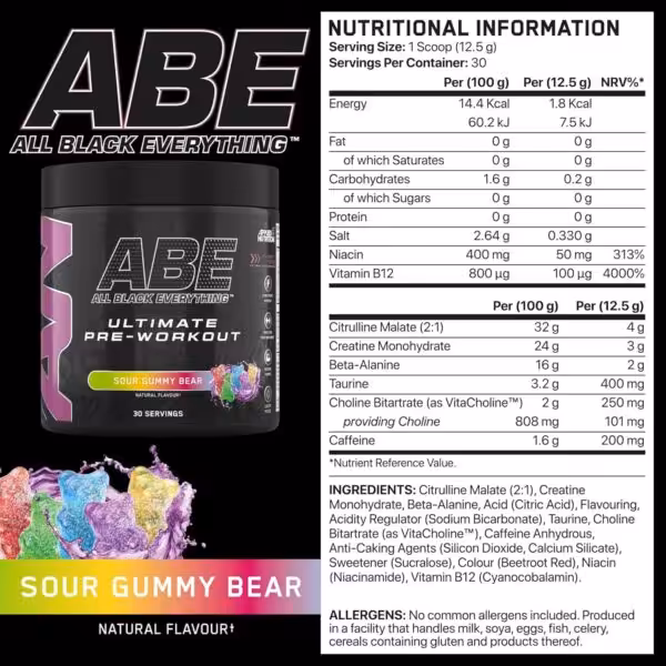 Nutritional information and ingredients for ABE Ultimate Pre-Workout Sour Gummy Bear flavor