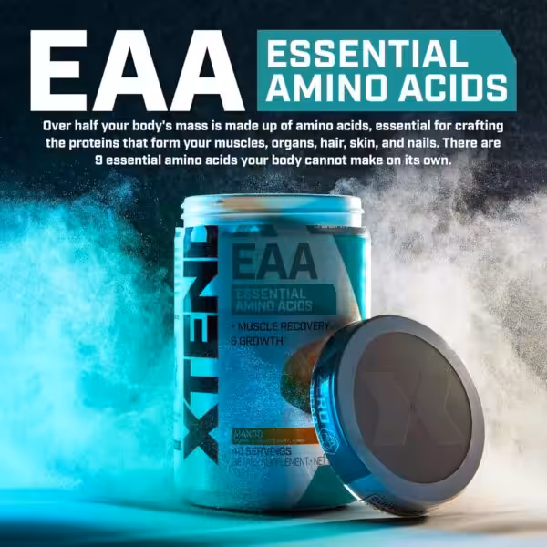 XTEND EAA Essential Amino Acids. Text: Amino acids build muscles and organs; there are 9 your body cannot make on its own