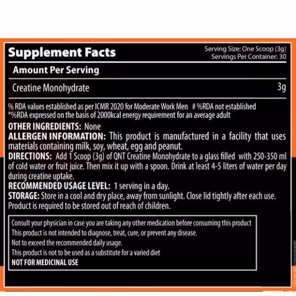 Supplement Facts for Creatine Monohydrate: 3g per serving, 30 servings. Includes allergen info and usage directions