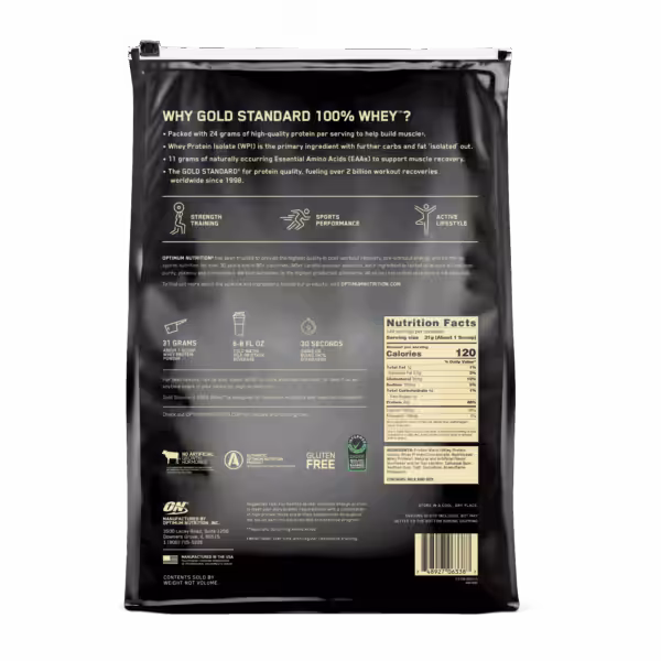 Back of Gold Standard 100% Whey bag showing nutrition facts, ingredients, and preparation instructions