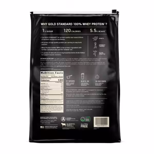 Back of Gold Standard 100% Whey Protein bag showing nutrition facts, ingredients, and preparation instructions