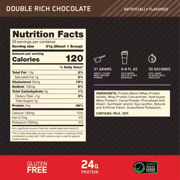 Nutrition facts and ingredients for Double Rich Chocolate protein powder: 120 calories and 24g protein per serving