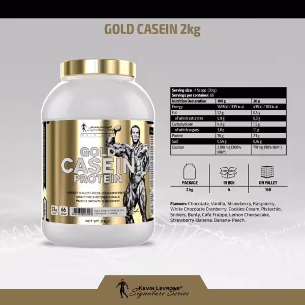 Kevin Levrone Gold Casein 2kg product information including nutrition facts, packaging details, and list of flavors