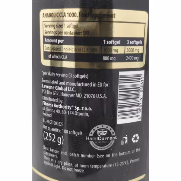 Anabolic CLA 1000 label: 1 softgel contains 1000mg CLA 80% (800mg CLA). 180 servings per container. Halal certified
