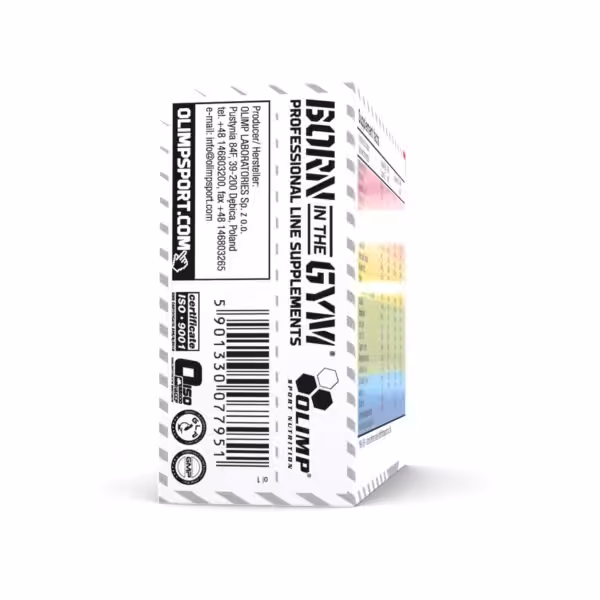 Side view of Olimp Sport Nutrition Born in the Gym supplement box with manufacturer details and certifications