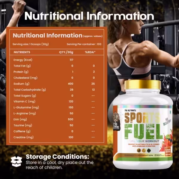 Nutritional facts for Sports Fuel: 117 kcal, 29g carbs, 1g protein per 30g scoop. 100 servings per container