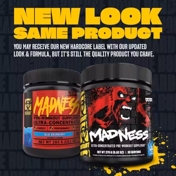 New look, same product. You may receive our new Mutant Madness hardcore label with our updated look and formula