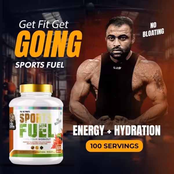 5XL Nutrition Sports Fuel advertisement: Energy + Hydration, No Bloating, 100 Servings. Get Fit Get Going