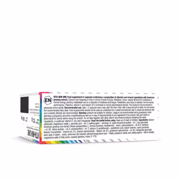 Vita-Min One supplement packaging panel with product description, recommended use, warnings, and ingredients list