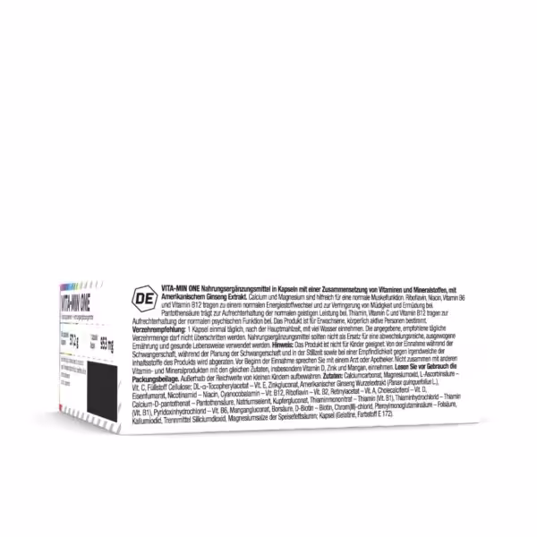 Back of Vita-Min One supplement box showing product description, dosage instructions, and ingredients in German