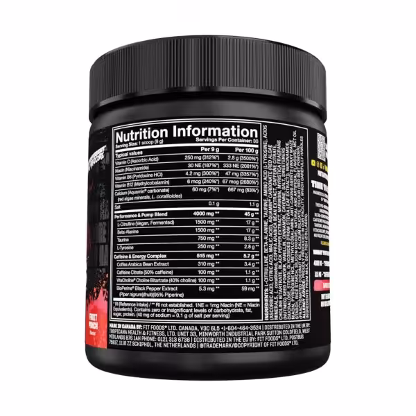 Nutrition Information label listing vitamins, Performance & Pump Blend, and Caffeine & Energy Complex ingredients