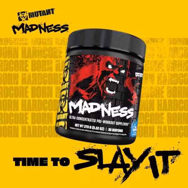 Mutant Madness Ultra-Concentrated Pre-Workout Supplement, 30 servings, 270g, with Time to Slay It text