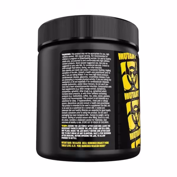 Back label of a Mutant supplement jar with product warnings, usage tips, and character stats for The Slayer