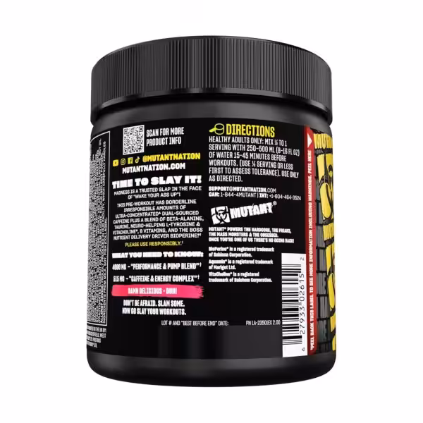 Back label of Mutant Madness pre-workout with directions and highlights of the performance and caffeine blends