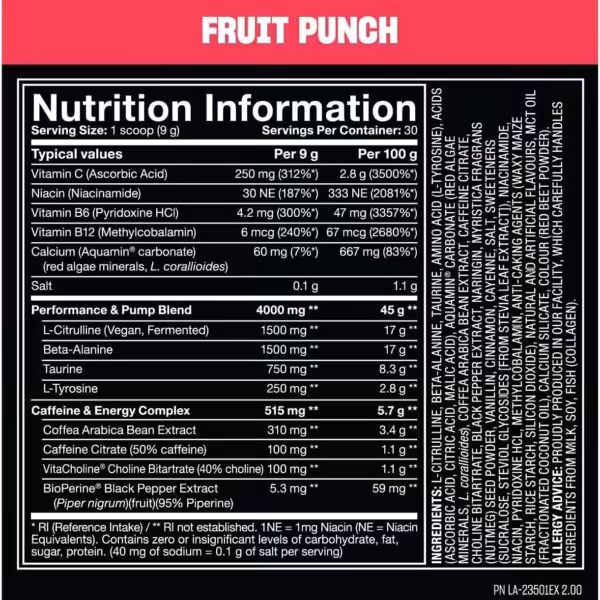 Nutrition information and ingredients list for Fruit Punch supplement, including vitamins, performance blends, and caffeine