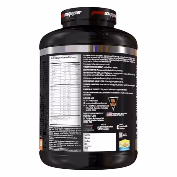 Back label of a ProSupps supplement tub showing nutritional information, ingredients, and usage instructions