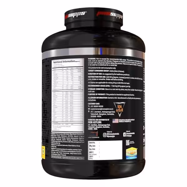 Back label of a ProSupps supplement container showing nutritional information, ingredients, and usage instructions