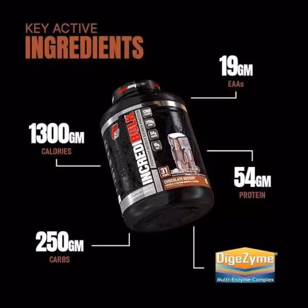 Key active ingredients for IncrediBulk: 1300 calories, 250g carbs, 19g EAAs, 54g protein, and DigeZyme Multi-Enzyme-Complex