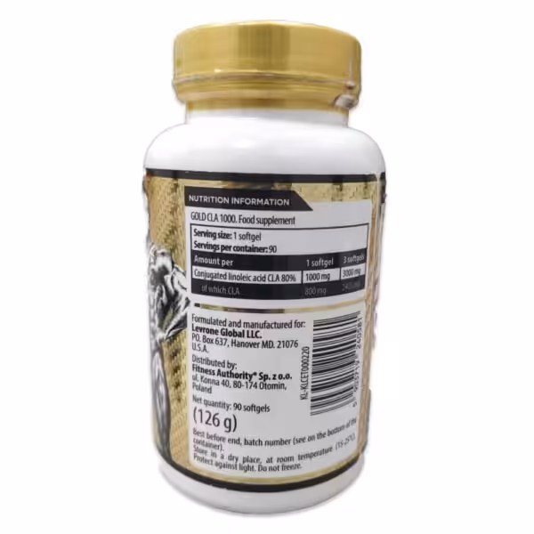 Nutrition information for GOLD CLA 1000: 1 softgel serving contains 1000mg CLA 80% (800mg CLA). 90 servings per container
