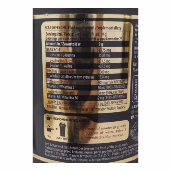Supplement facts for BCAA DEFENDER listing ingredients, amounts per 9g serving, and recommended use instructions